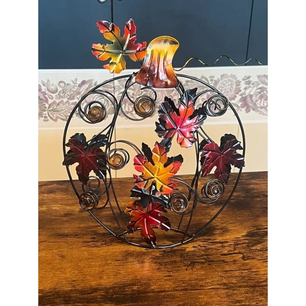 Metal Pumpkin Fall Decor Enameled Maple Leaves Amber Glass Accents